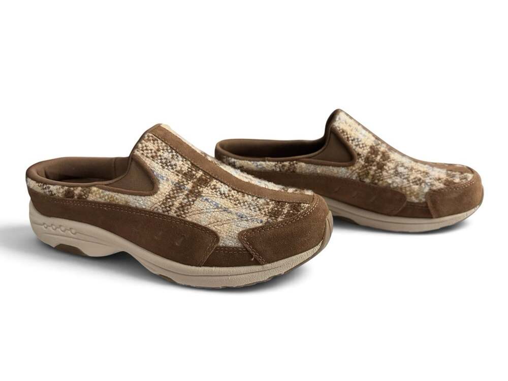 Easy Spirit Traveltime Slip-On Mule Brown Suede Plaid Fabric Womens Size 9
